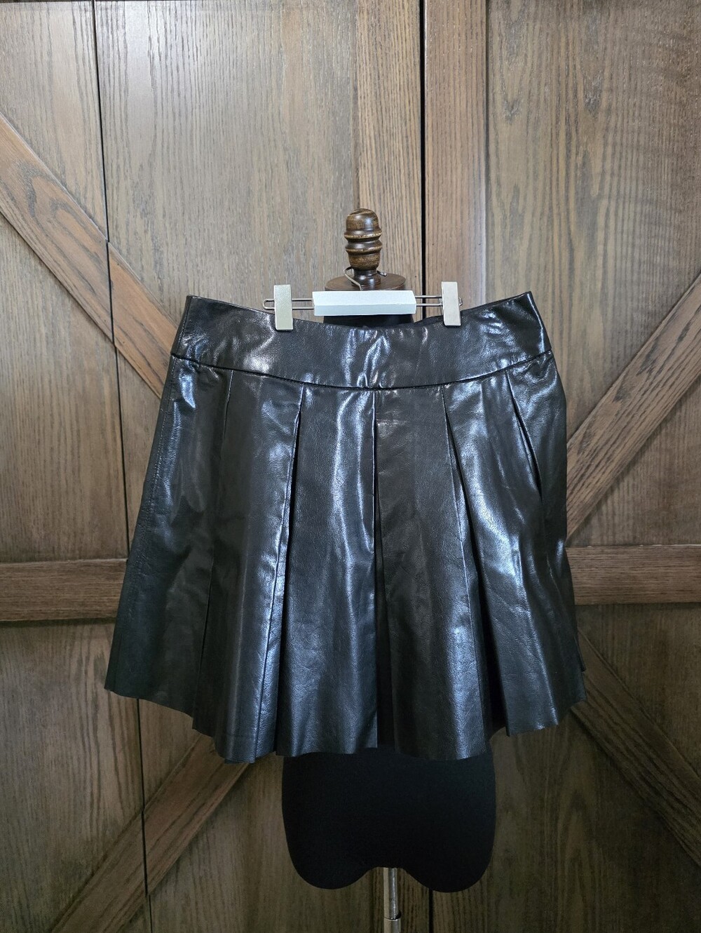 Alice + Olivia Black Leather Pleated Skater Skirt